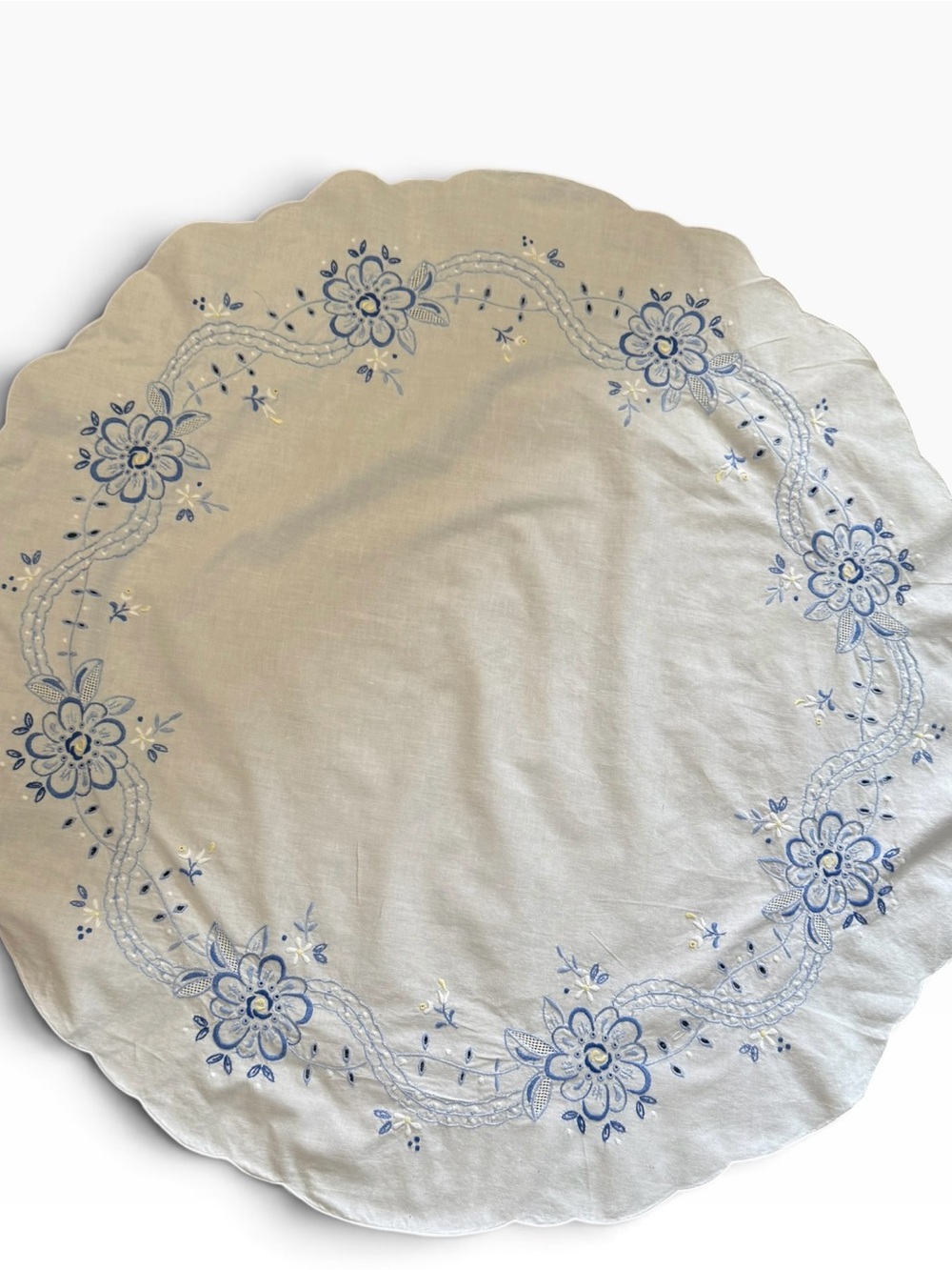 Vintage Blue Floral Embroidered Table Topper 32”
